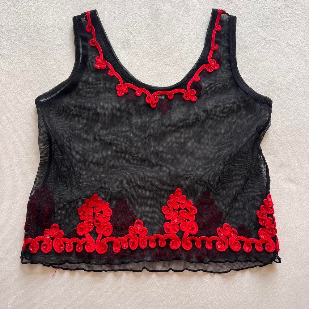 Black y2k Goth Fairy Whimsygoth Sheer Tank Top Red Embroidery Boho HIppie Indie